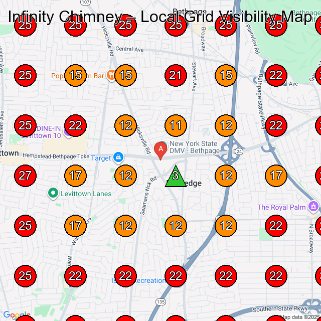 Infinity Chimney GeoGrid visibility map for Chimney Services in East Meadow